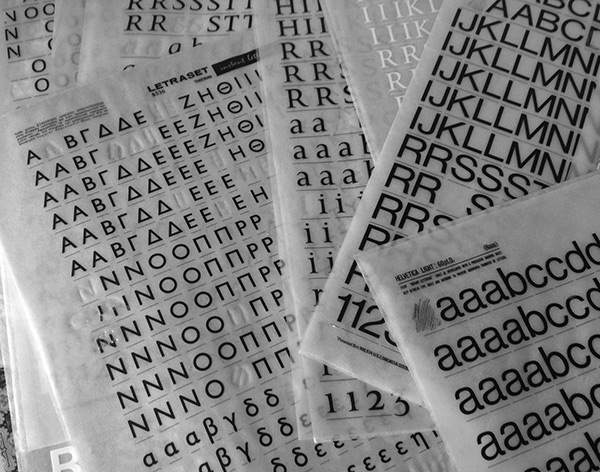 Photo of Lettreset lettering sheets. This was rub off lettering used for visuals