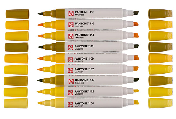 A range of yellow Pantone markers. 