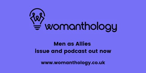 Womanthology podcast graphic. Men as allies episode.