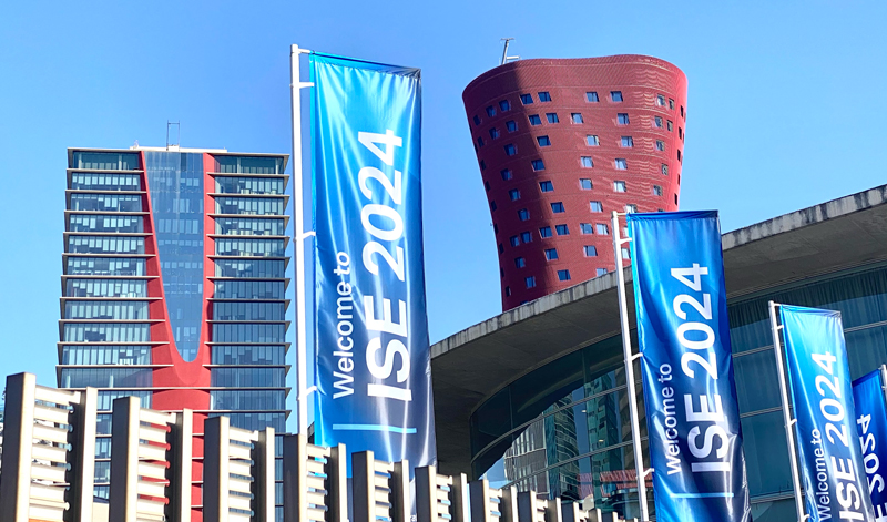 ISE flags at Fira exhibition centre, Barcelona 2024