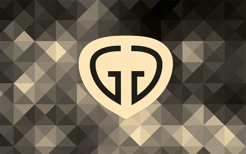 Gusto G heart brand logo in peach on art deco background