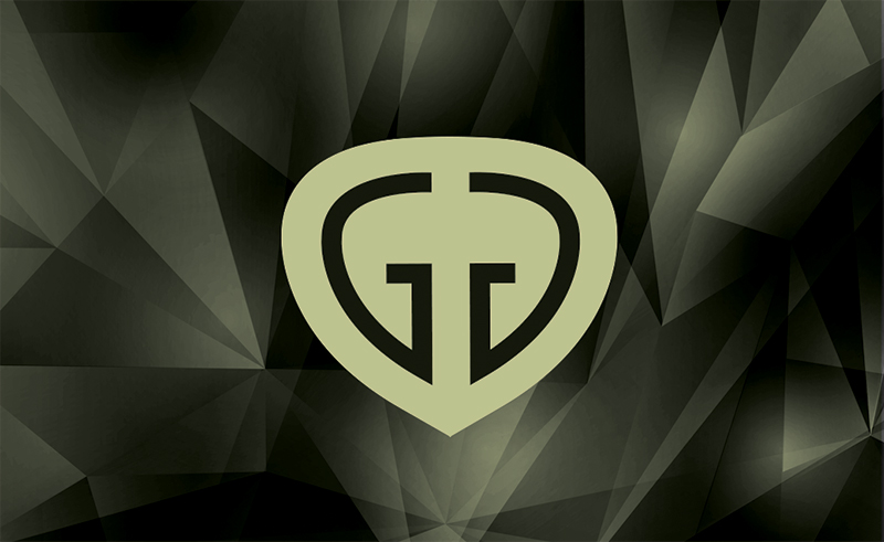 Gusto Grand Cafe G heart logo in warm green on triangular art deco background