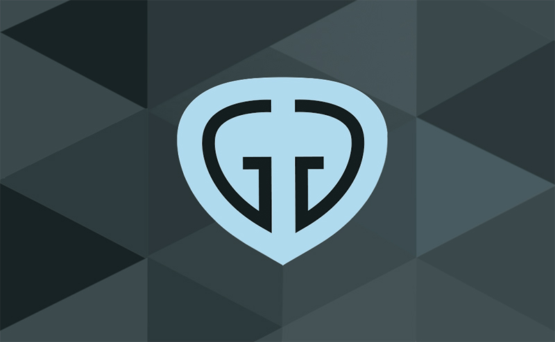 Gusto restaurants G heart logo in light blue on art deco background