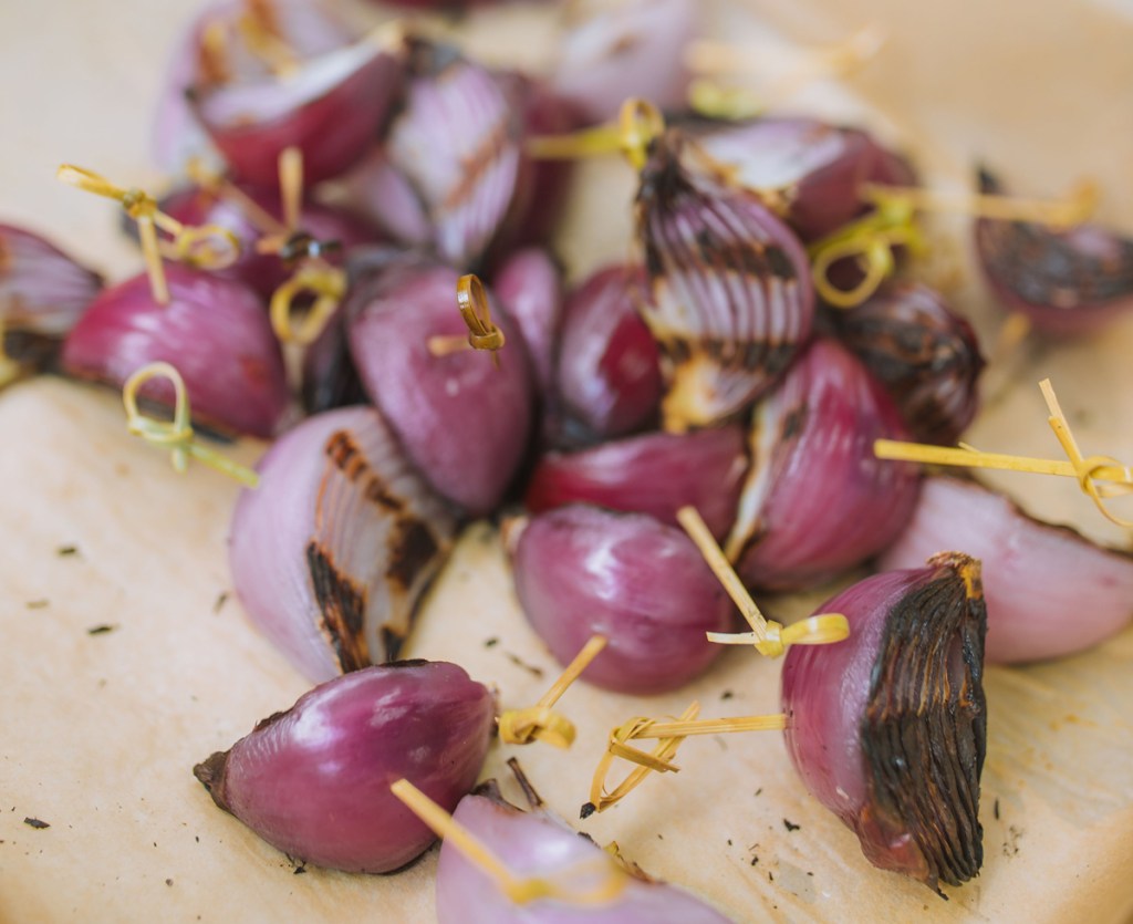 Bitesized roast onion skewers - little and often become addictive.